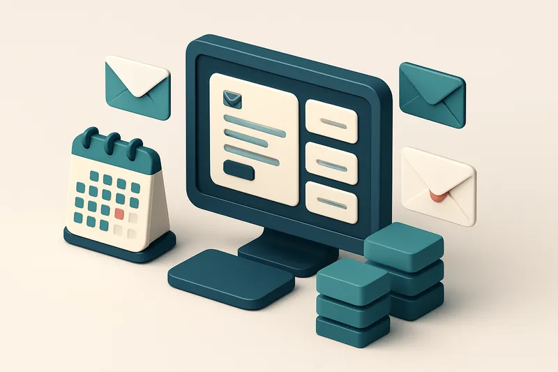 Hero: an isometric email dashboard showing a computer with a calendar marked 'January', envelopes coming in and out, sta