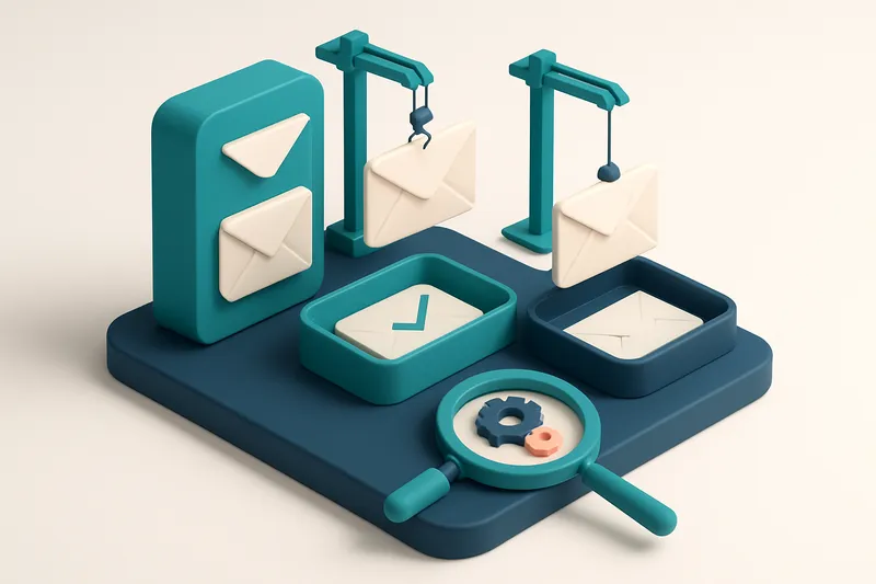 Hero: an isometric email inbox with envelopes being lifted by tiny cranes, sorting into 'valid' and 'invalid' piles with