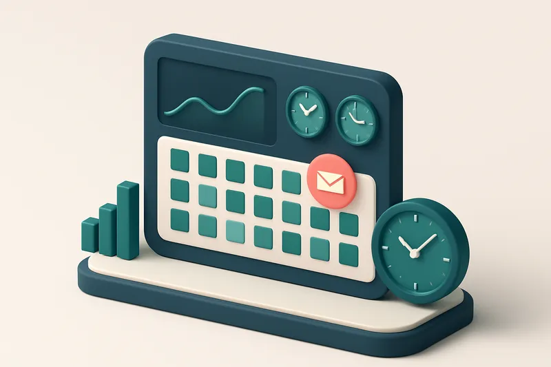 Hero: an isometric dashboard showing graphs and clocks, indicating optimal email send times on a calendar interface.