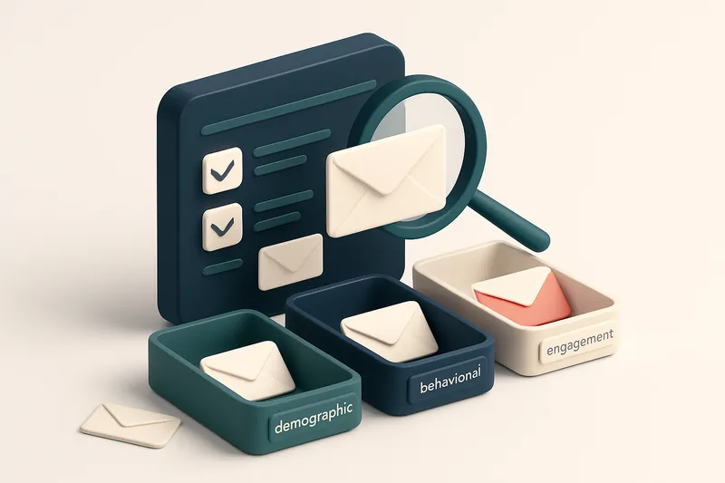 Hero: an isometric email dashboard with envelopes being sorted into different segmented trays labeled as 'demographic',