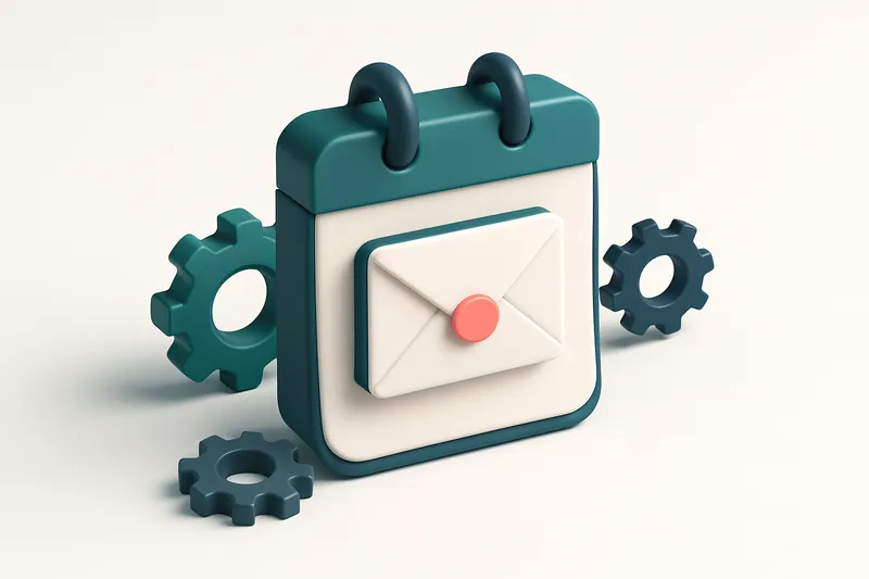Hero: An isometric 3D calendar with an envelope at Thursday, surrounded by gears representing automation.
