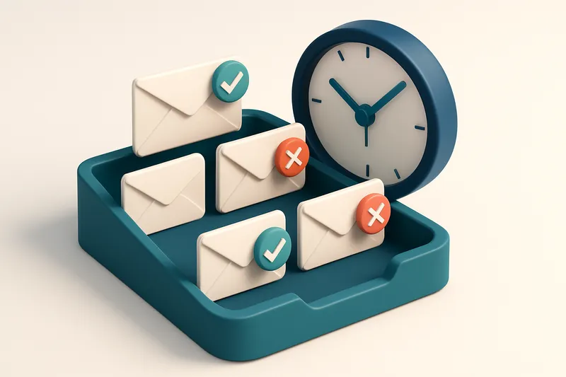 Hero: An isometric email inbox with envelopes being marked with green checkmarks and red Xs, a clock in the background i