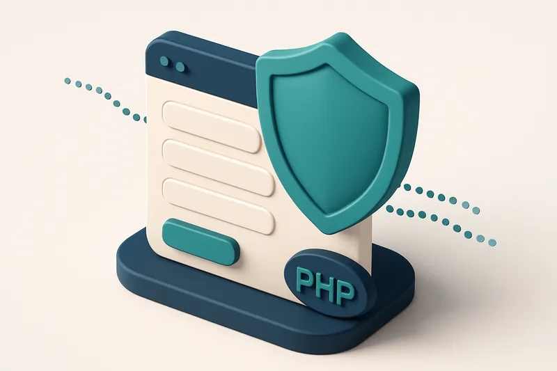 Hero: an isometric illustration of a secured PHP contact form protected by a large shield, with data strings flowing saf