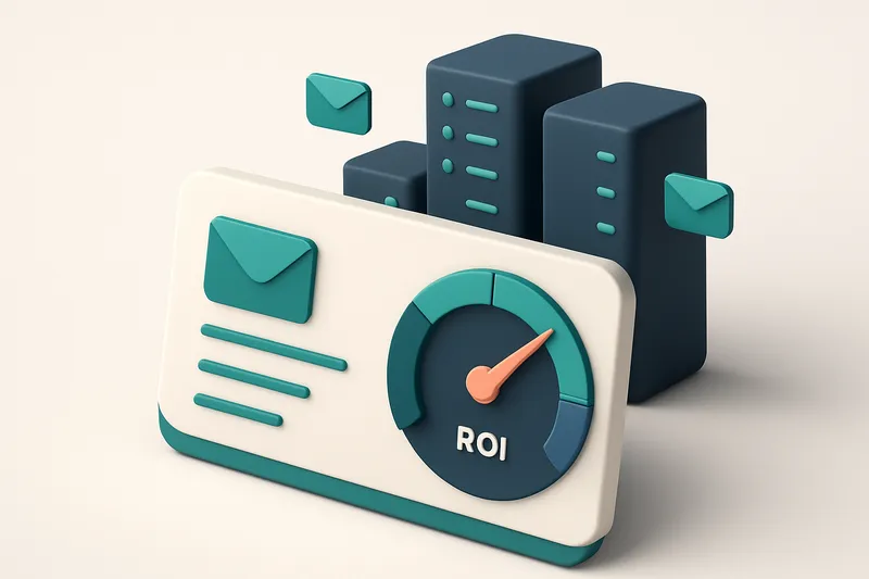 Hero: isometric illustration of an email dashboard with a ROI gauge, showing servers in the background processing emails
