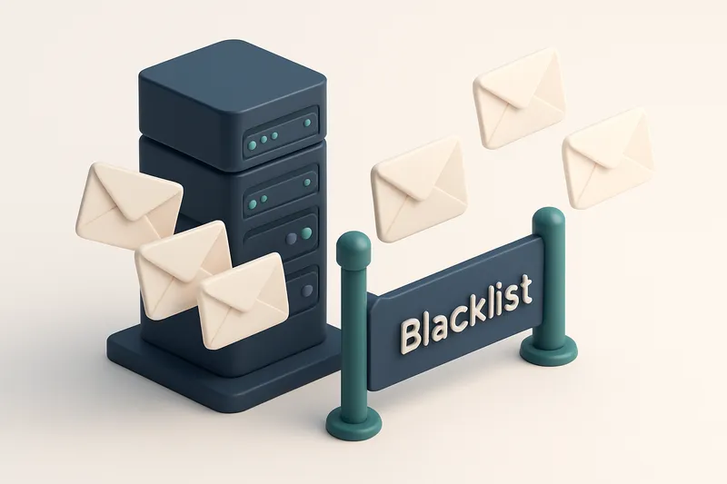 Hero: an isometric illustration of a server room with envelopes and a barrier labeled 'Blacklist', showing envelopes mov