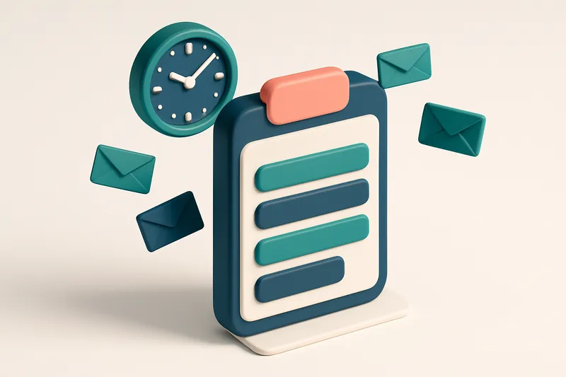 Hero: an isometric email calendar open to Saturday, with emails flying at optimal times marked in green, a clock showing