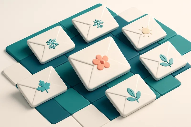 Hero: a series of isometric envelopes on a seasonal calendar grid, each envelope marked with different seasonal icons (s
