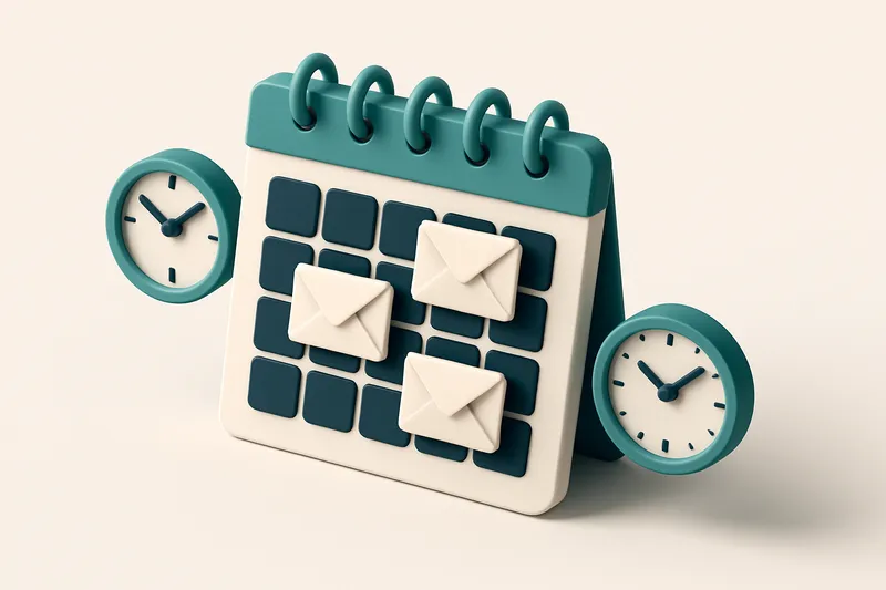 Hero: An isometric calendar with envelopes placed on the best-performing days, flanked by clock faces showing optimal se