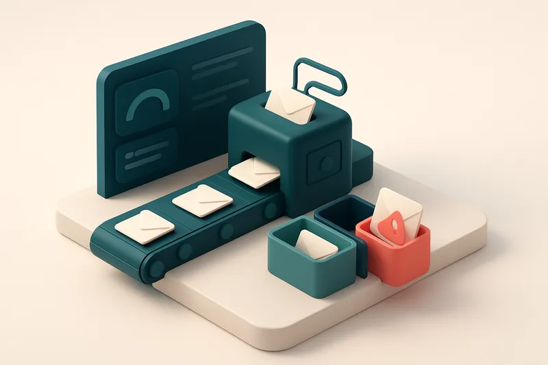 Hero: an isometric dashboard with a conveyor belt processing envelopes, sorting them into 'valid', 'invalid', and 'risky