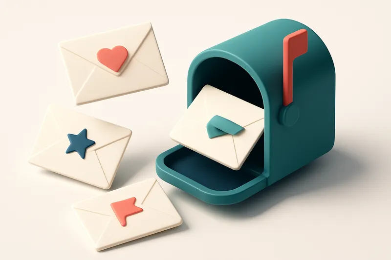 Hero: an isometric email inbox with envelopes stamped with February themes (hearts, stars, and flags) being categorized