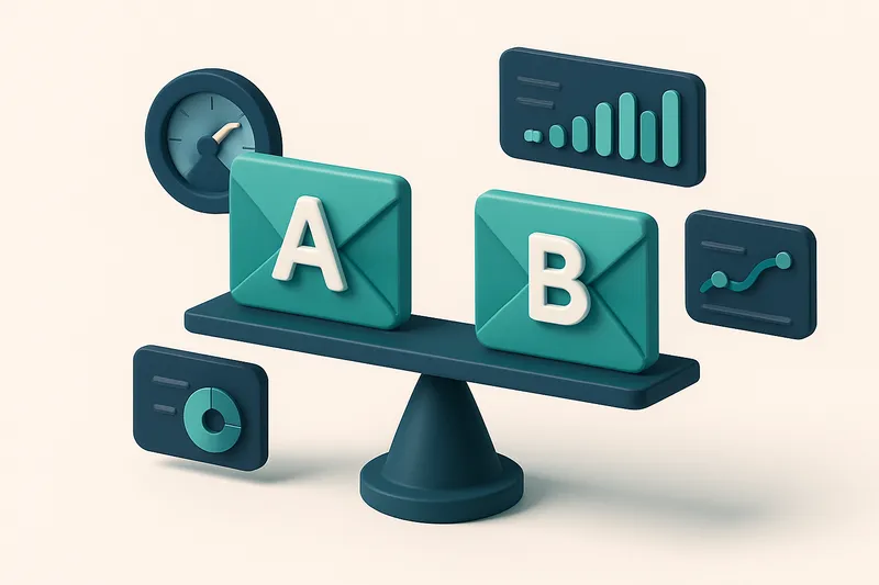 Hero: an isometric scene of two email envelopes on a see-saw scale, with one envelope marked 'A' and the other 'B', surr
