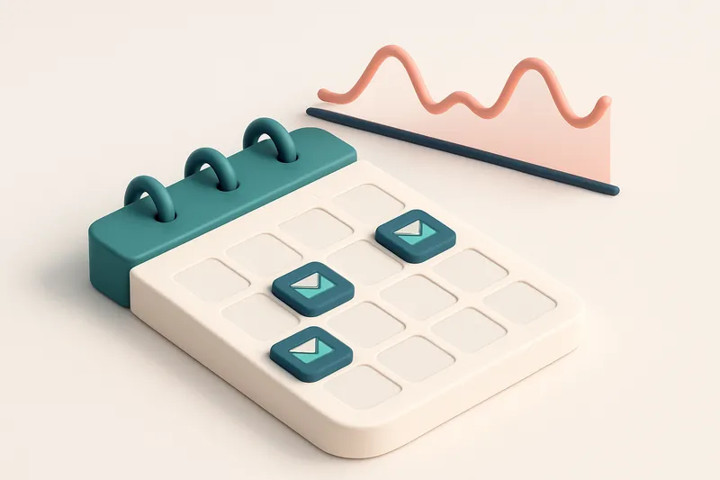 Hero: An isometric digital calendar with email icons marked on Tuesdays and Thursdays, a graph line showing engagement p