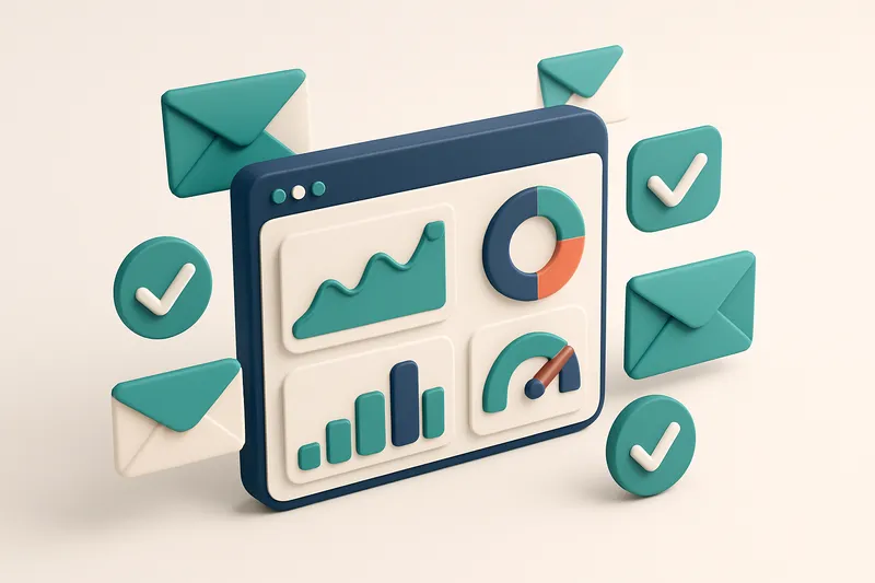 Hero: an isometric dashboard with various email analytics graphs and gauges showing rises and falls, surrounded by envel