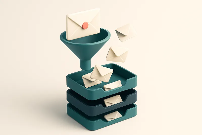Hero: an isometric email funnel filtering incoming emails into different trays marked 'Inbox', 'Spam', and 'Invalid'.