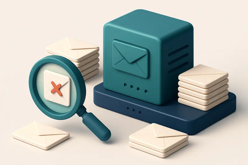 Hero: an isometric email server room with stacks of envelopes, a magnifying glass hovering over one side, indicating sca