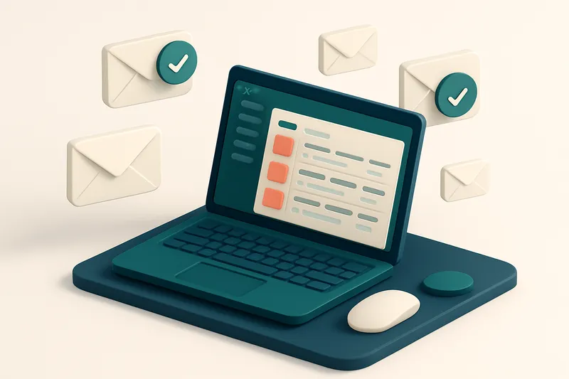 Hero: an isometric workstation setup with a laptop showing an email drafts dashboard, surrounded by floating envelopes w