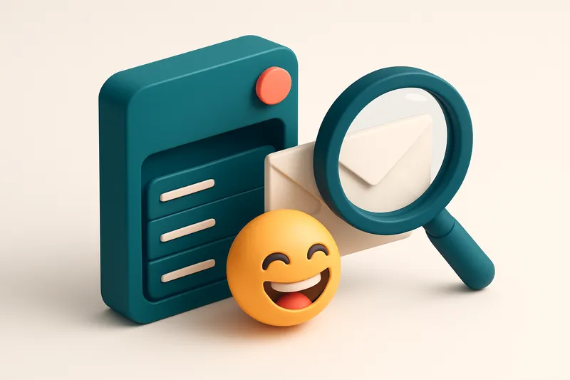 Hero: an isometric email inbox with a magnifying glass and a laughing emoji beside a classic envelope, symbolizing email