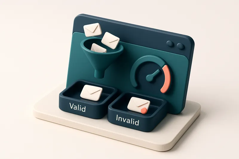 Hero: an isometric dashboard with a funnel pouring email icons into 'valid' and 'invalid' trays, a digital gauge showing