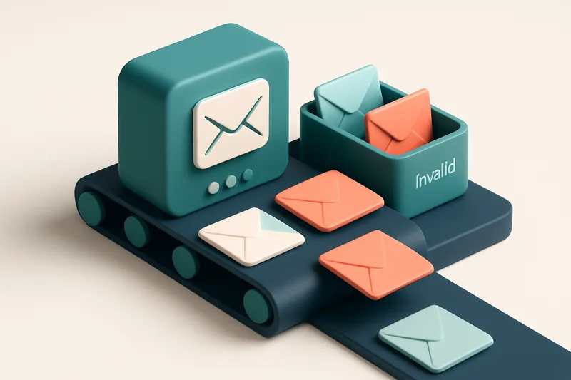 Hero: an isometric email dashboard with colorful envelopes being sorted into 'valid' and 'invalid' bins on a conveyor be