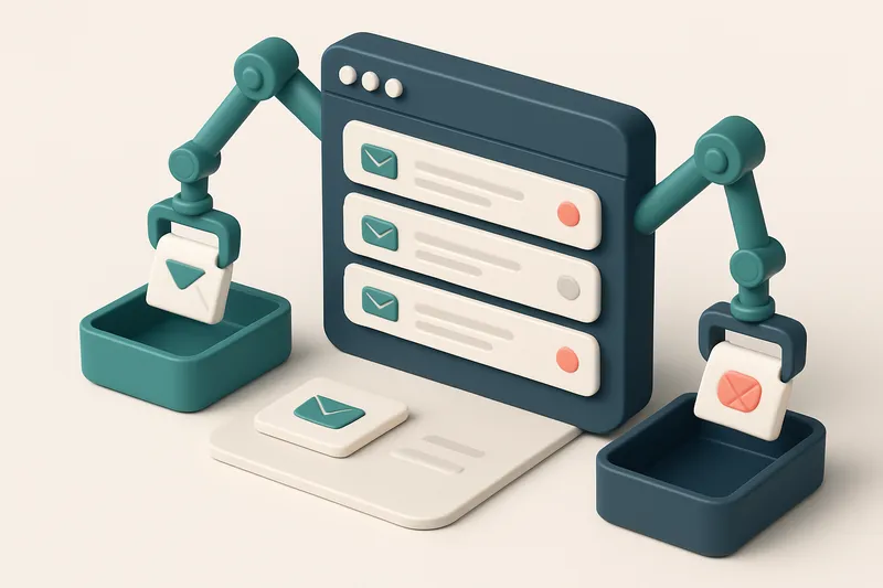 Hero: an isometric scene of an email dashboard with various emails being sorted by robotic arms into 'valid' and 'invali