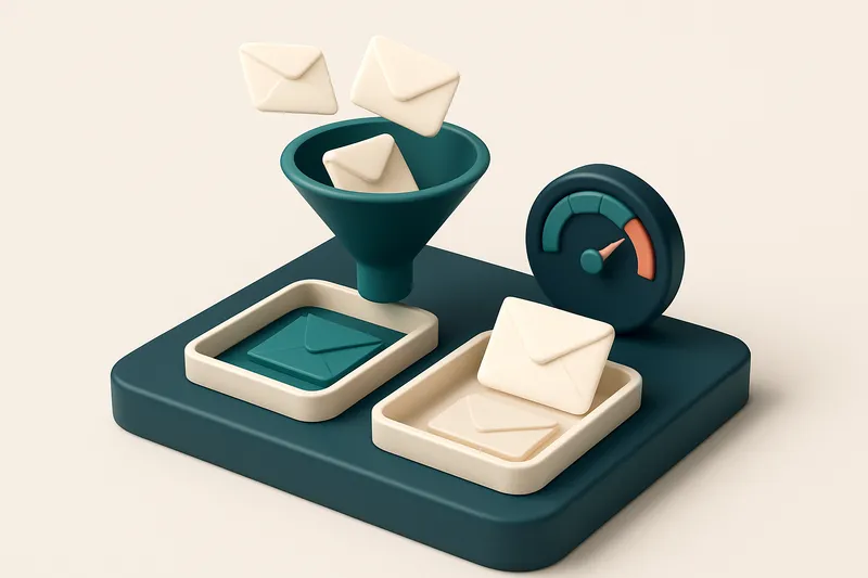 Hero: an isometric email dashboard with envelopes flowing through a funnel into categorized trays marked 'verified' and