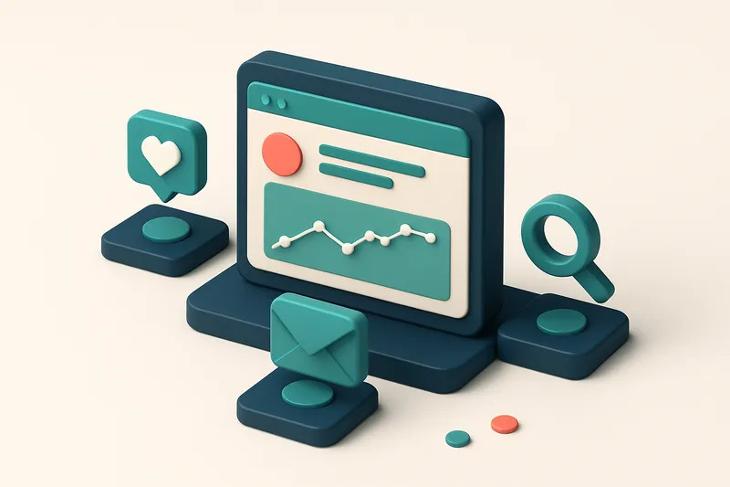 Hero: An isometric dashboard controlling multiple marketing channels, with icons for social media, email, and SEO, neatl