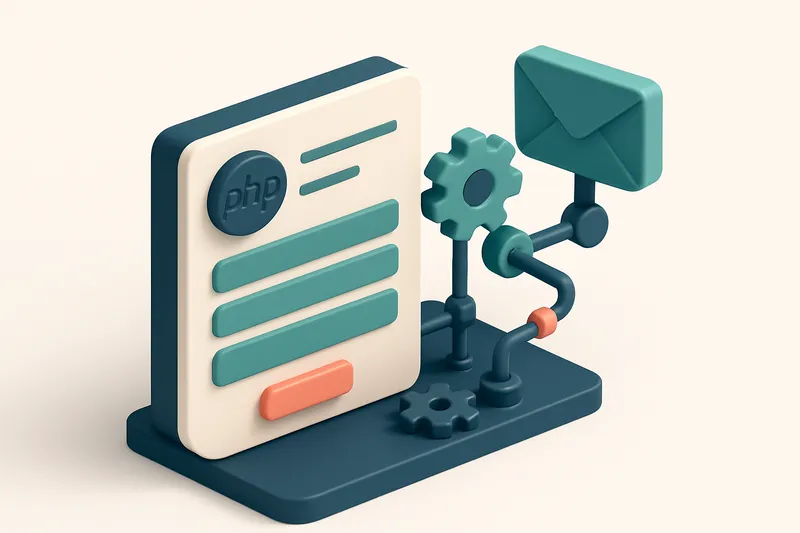 Hero: an isometric illustration of a PHP contact form as a dashboard with gears and levers connecting to an email inbox,