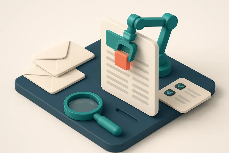 Hero: a 3D isometric newsletter being constructed on a digital workspace, complete with envelopes, a magnifying glass, a