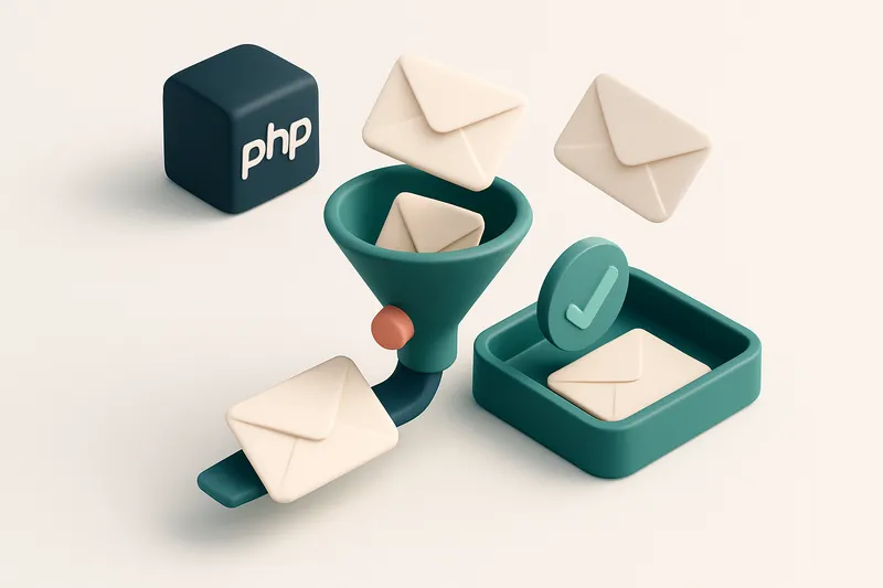Hero: An isometric representation of a PHP script verifying emails, with envelopes passing through a filter and ending i