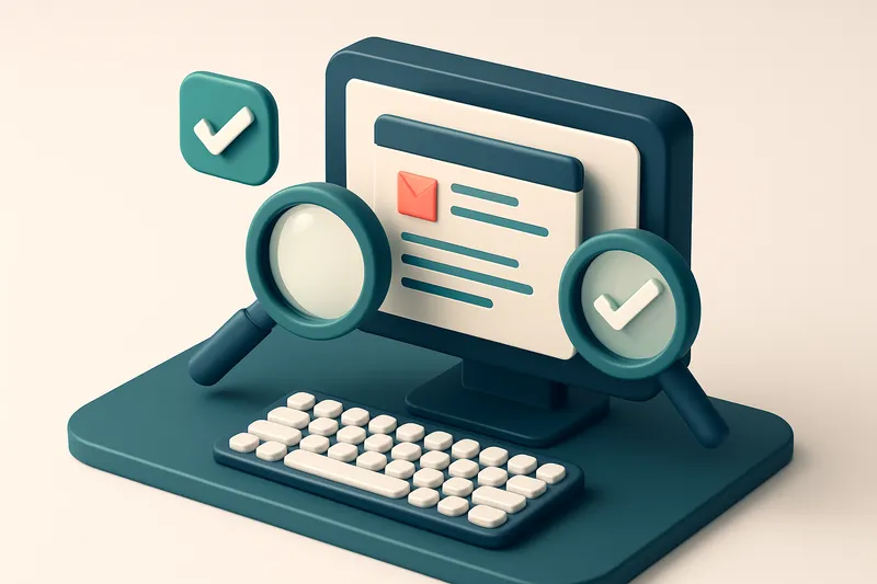 Hero: an isometric email draft checker dashboard with magnifying glasses and green checkmarks above a desk with a comput