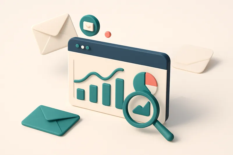 Hero: an isometric illustration of an email dashboard with analytics graphs, envelopes, and a magnifying glass highlight