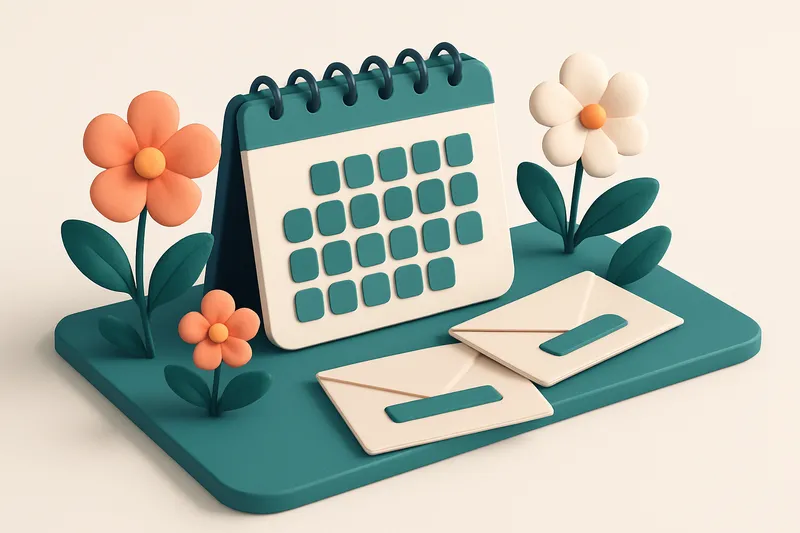 Hero: an isometric workspace with a digital calendar open to March, surrounded by blooming flowers and envelopes labeled