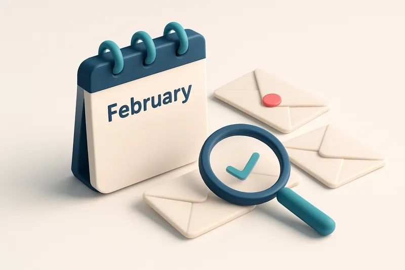 Hero: an isometric calendar page entitled February, with envelopes placed prominently, a magnifying glass over some, ill