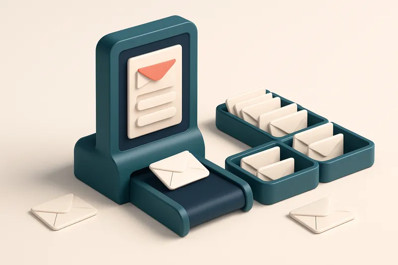 Hero: an isometric dashboard showing a large email inbox with envelopes being sorted onto various trays labeled 'valid',