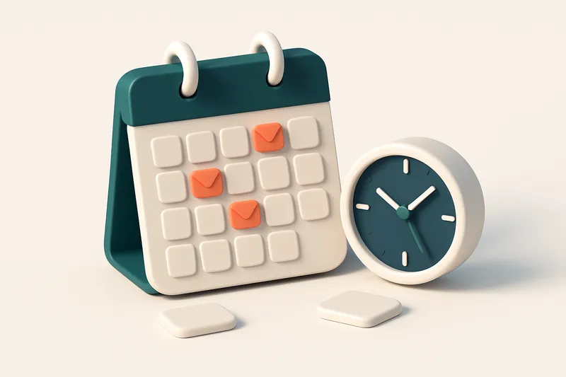 Hero: an isometric calendar marked with envelopes on optimal sending days, accompanied by a clock showing strategic time
