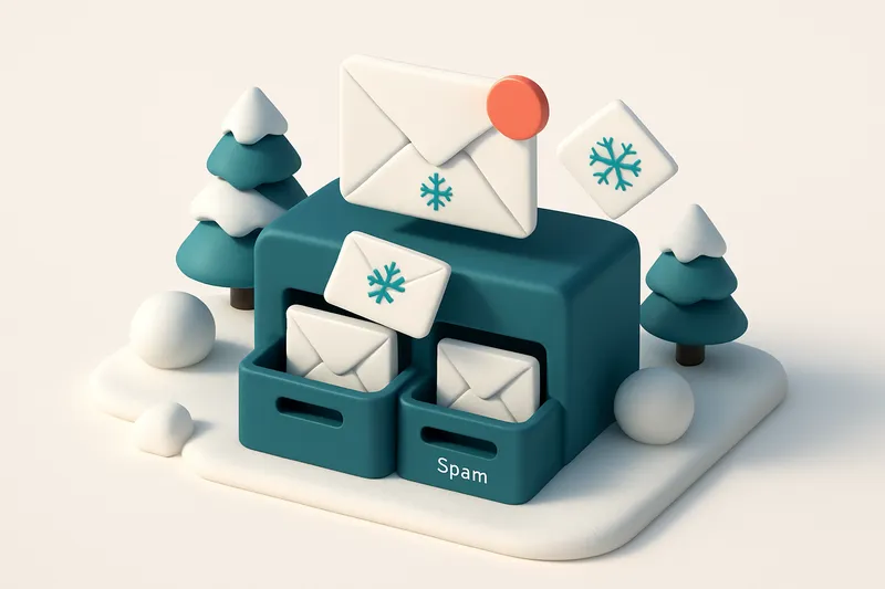 Hero: an isometric email inbox with winter-themed envelopes being sorted into inbox and spam filters, surrounded by snow