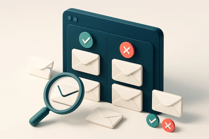 Hero: an isometric email dashboard with envelopes being reviewed and categorized into 'valid' and 'invalid' sections usi