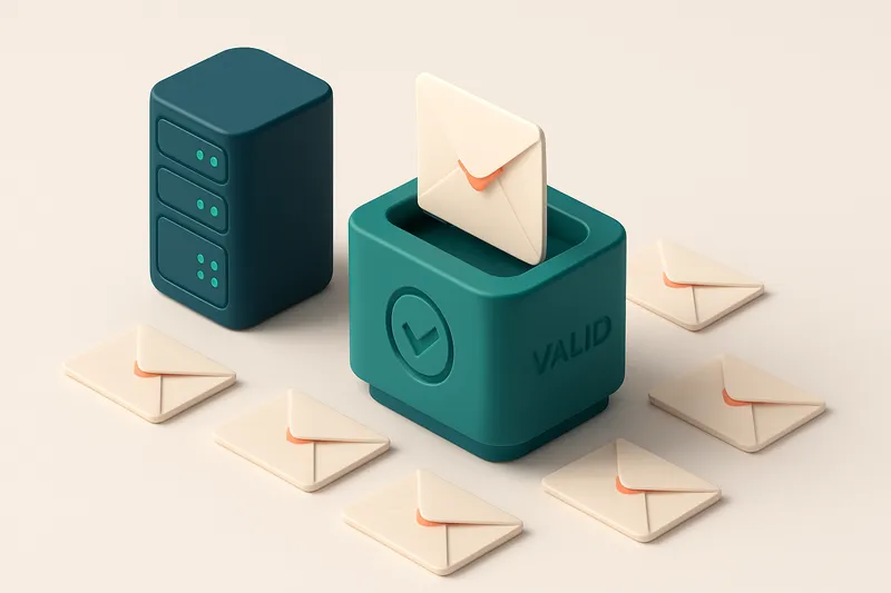 Hero: an isometric server room with an envelope moving through a filter marked valid, surrounded by rejected envelopes o