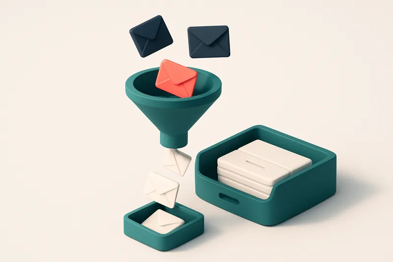 Hero: an isometric illustration of an email funnel with a filter at the top capturing spam emails, valid emails passing