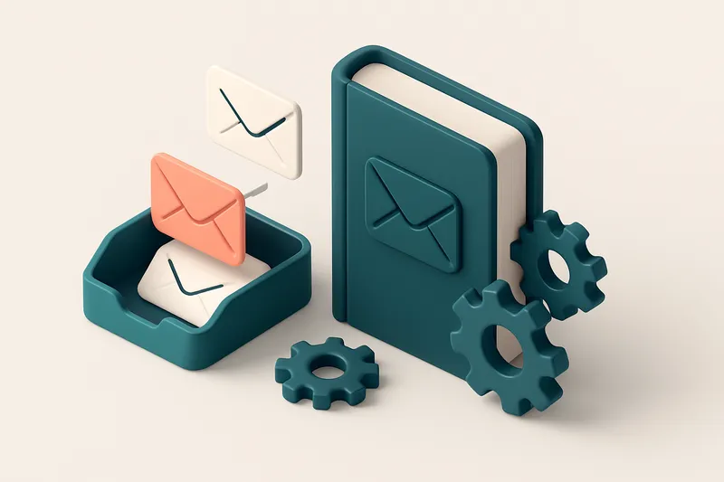 Hero: an isometric representation of an email inbox with emails being filtered through a CAN-SPAM compliance guidebook,