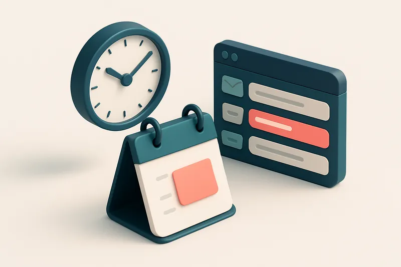 Hero: An isometric view of an office scene with a desk calendar showing Friday, a clock displaying late morning time, an