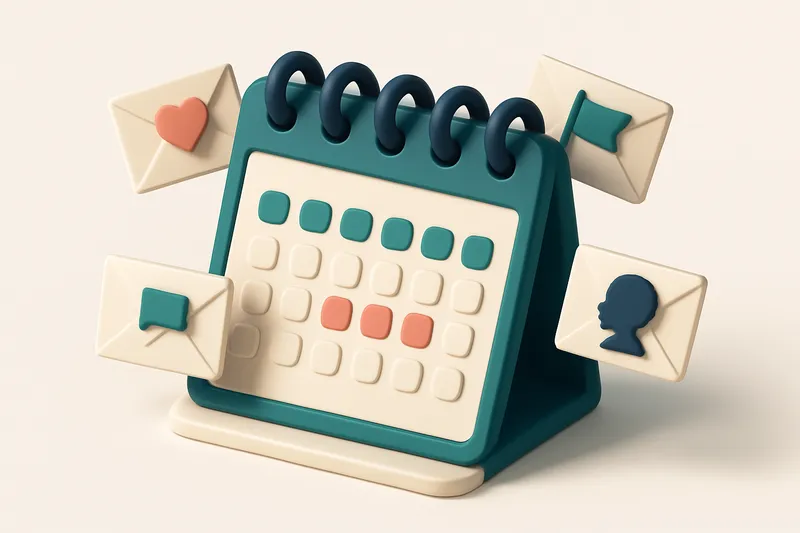 Hero: an isometric illustration of a calendar displaying February with envelopes flying around, each marked either with
