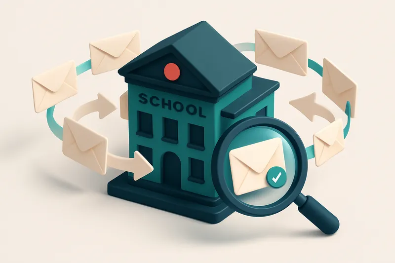Hero: an isometric school building with digital envelopes flowing in and out, a magnifying glass inspecting each envelop