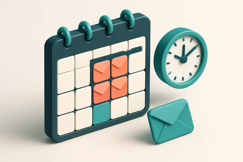 Hero: an isometric email calendar with envelopes highlighting Thursday blocks, a clock indicating 11 AM.