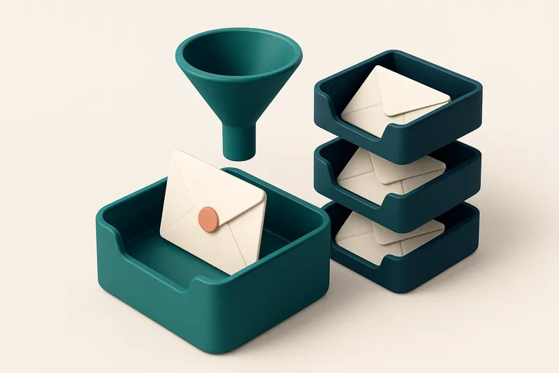 Hero: an isometric email inbox with envelopes being sorted into separate trays labeled valid, invalid, and catch-all, a