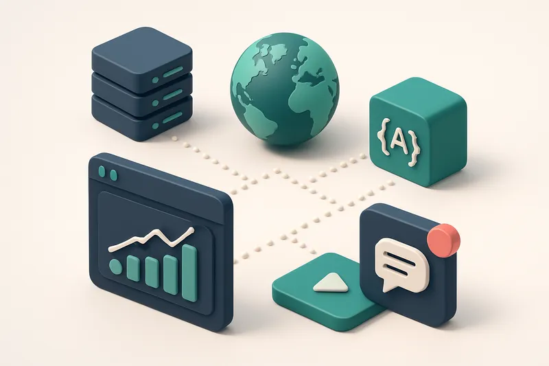 Hero: A 3D isometric illustration of a digital product ecosystem featuring servers, APIs as dotted lines connecting plat