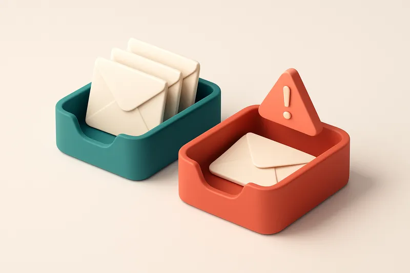 Hero: an isometric email inbox with envelopes sorted into a green 'safe' tray and a red 'spam trap' bin with a warning s
