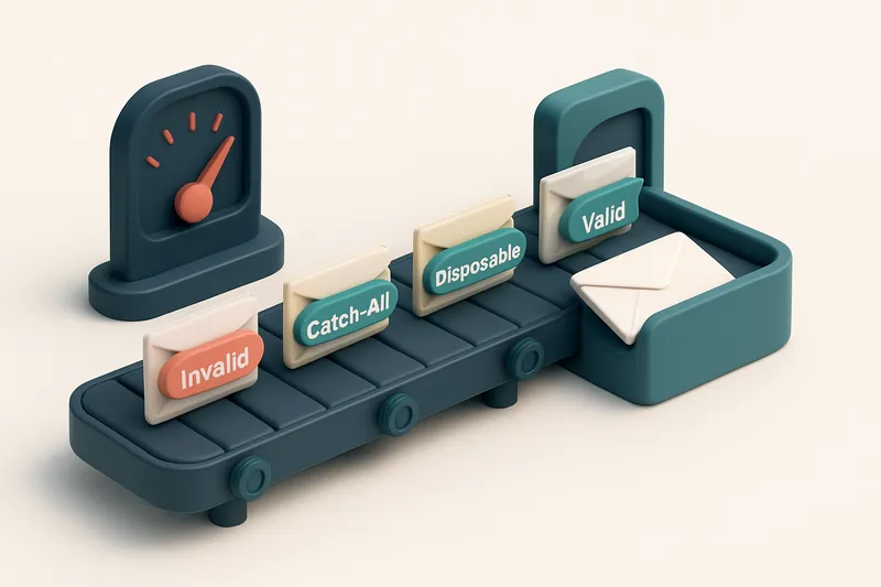 Hero: an isometric email inbox with envelopes labeled 'invalid', 'catch-all', 'disposable', and 'valid' moving along a c