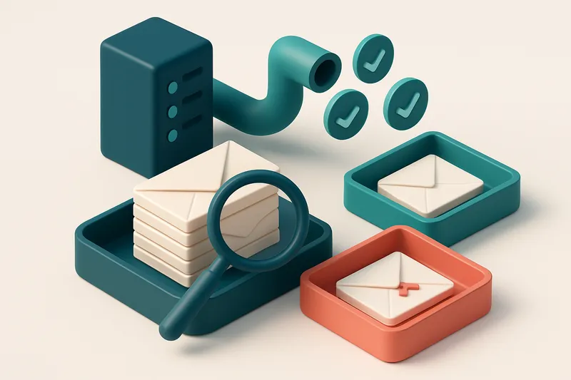 An isometric email inbox with envelopes being sorted onto a green 'valid' tray and a red 'invalid' tray, a magnifying gl