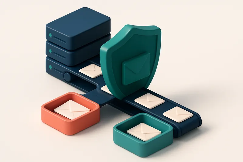Hero: an isometric email server farm with a green shield labeled 'DMARC enforce' in front, a conveyor belt of envelopes